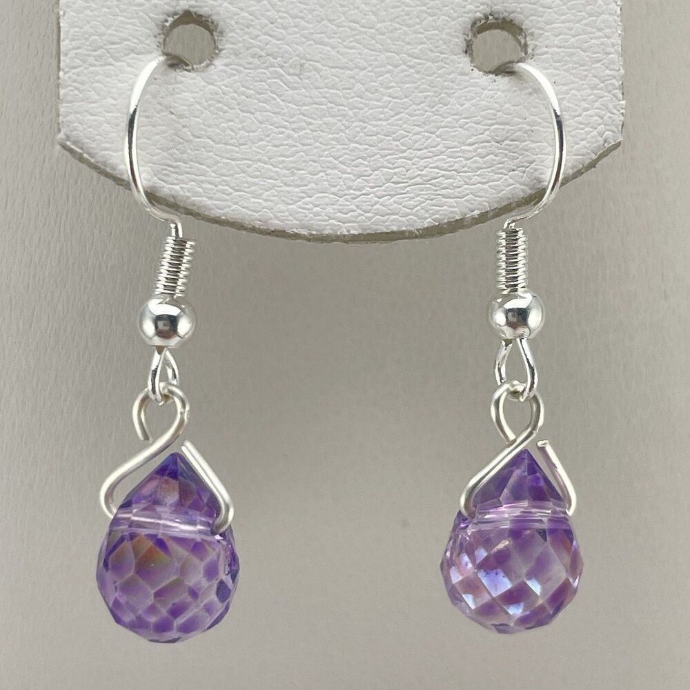 Stunning Purple AB Glass Teardrop Dangle Earrings Silver Plated Cute Dainty